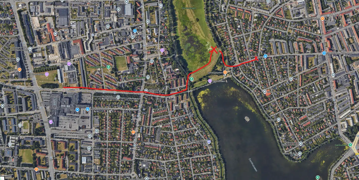 Her ses Frederiks rute - ved krydset blev han overfaldet