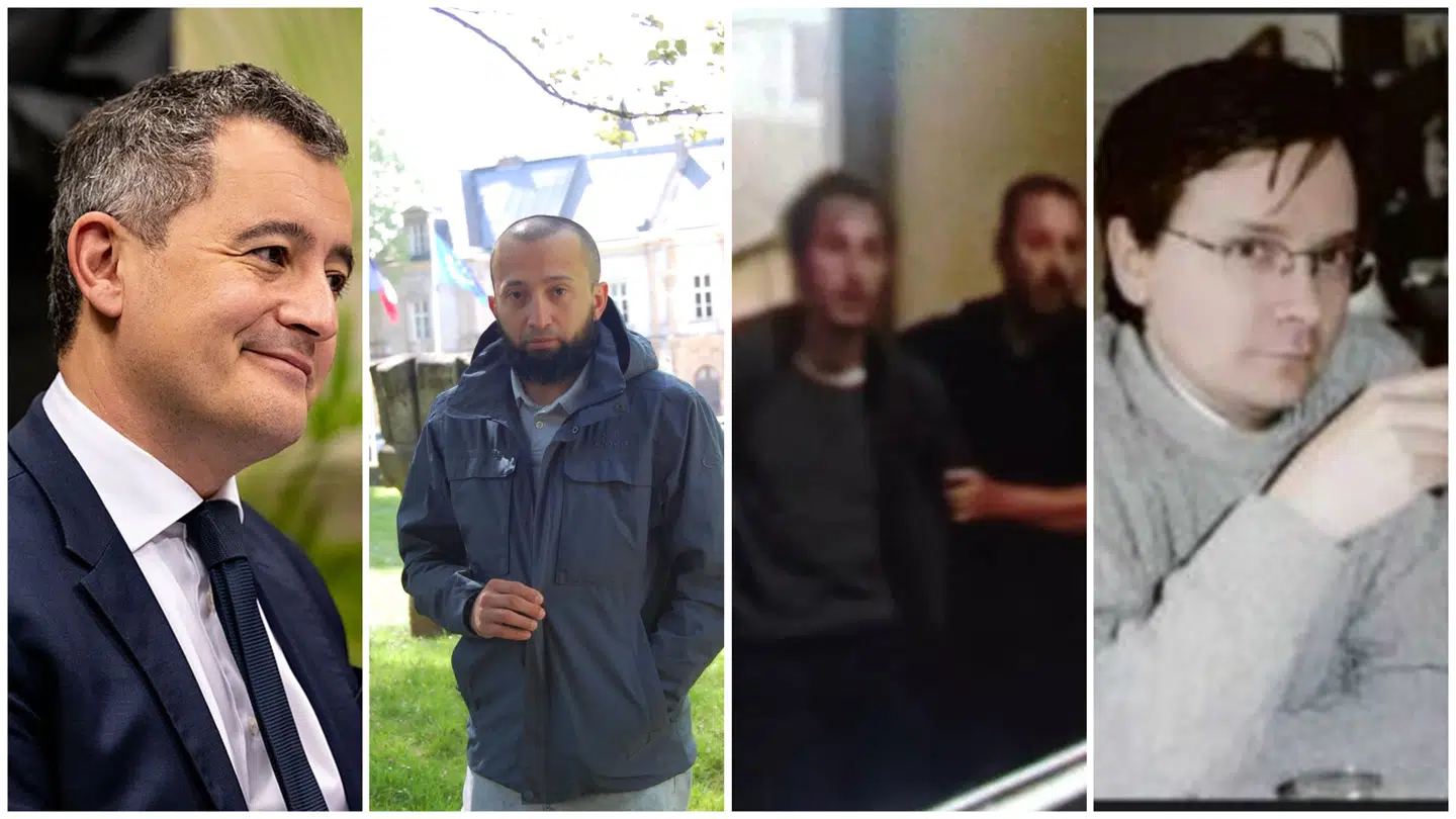 Den franske minister Gérald Darmanin (til venstre) er blevet en helt for den europæiske højrefløj, efter at han har trodset menneskerettighedsdomstolen og udvist den angivelige islamist Mukhsinjon Akhmedov (nummer to fra venstre) til Usbekistan. Hans beslutning kom, efter at en radikaliseret ung mand (nummer tre fra venstre) myrdede gymnasielæreren Dominique Bernard (til højre).