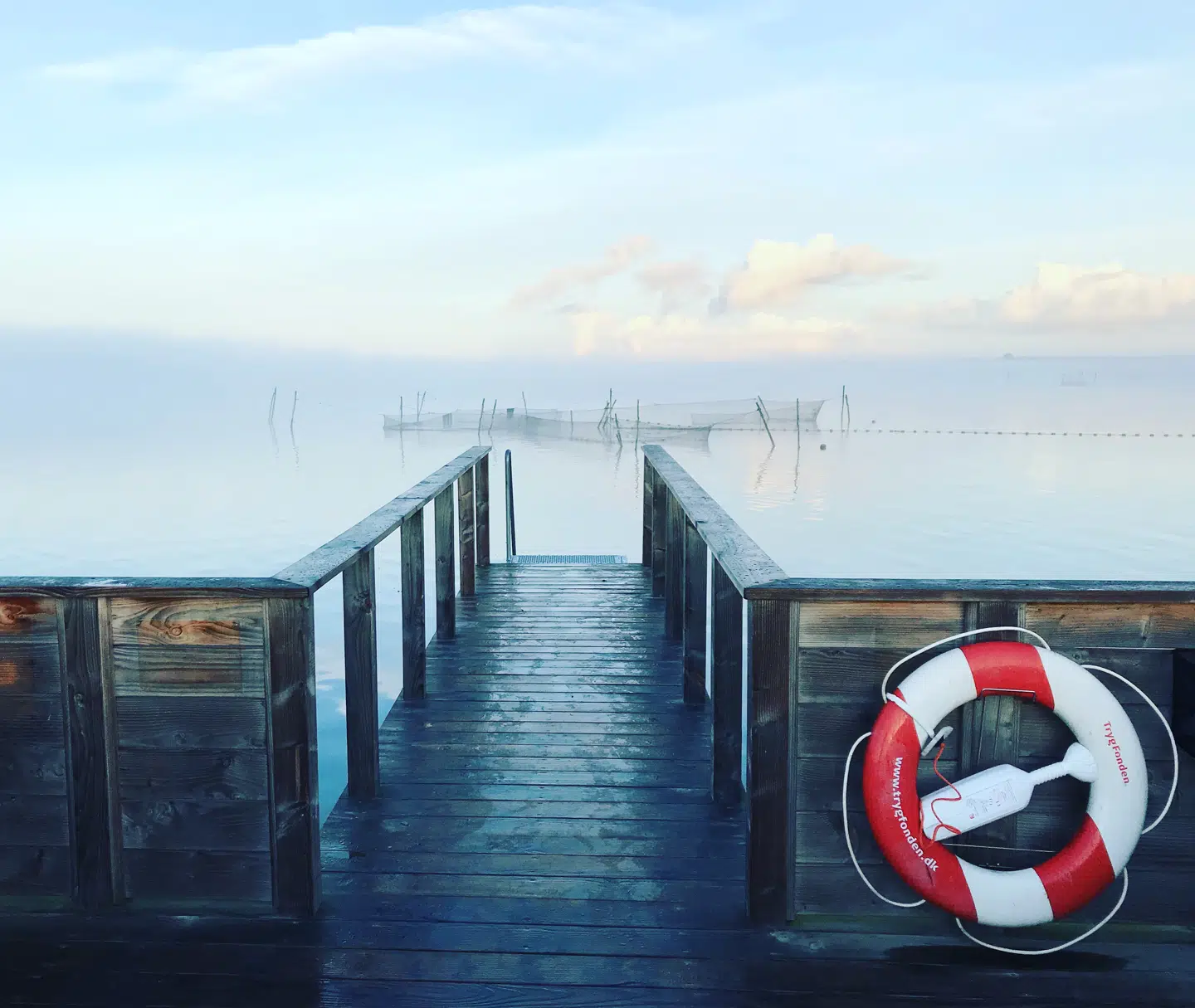 Badebro ved den lille hyggelige Hårbølle Havn, hvor vandet i øvrigt ofte vrimler med fjordrejer.