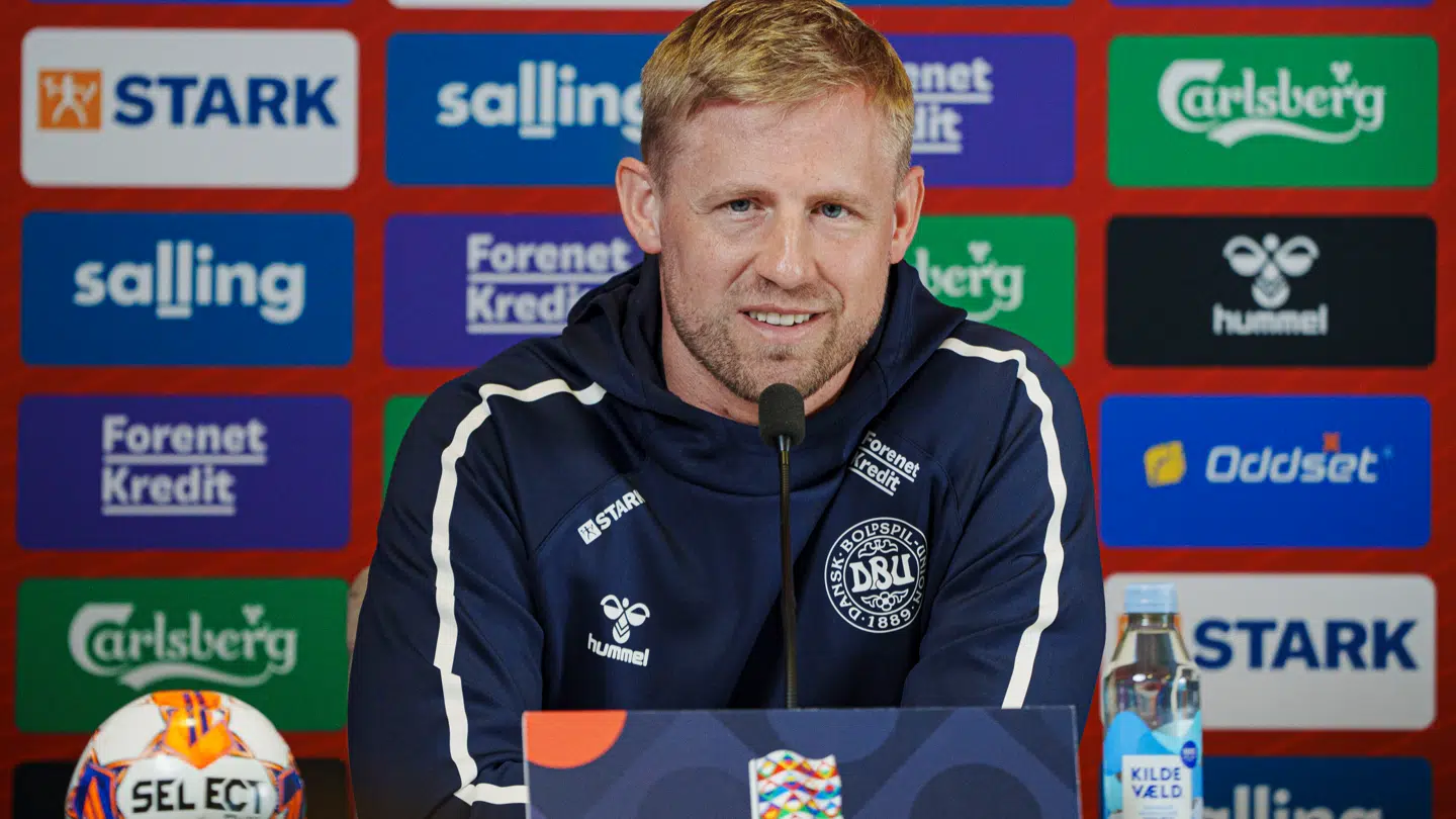 Kasper Schmeichel under Fodboldlandsholdets pressemøde i Helsingør 19. marts.