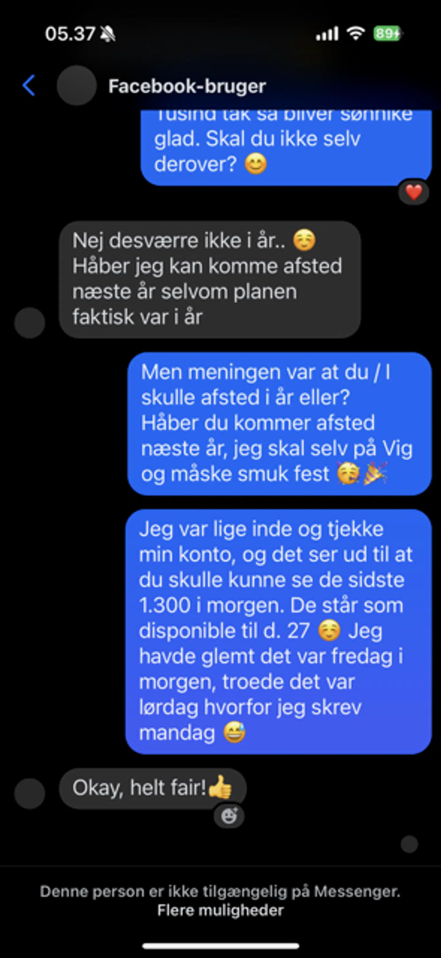 Screenshot fra Karina Øvlisens samtale med den senere slettede bruger, hvor der også blev skrevet i en hyggelig tone, som Øvlisen syntes, virkede troværdigt.