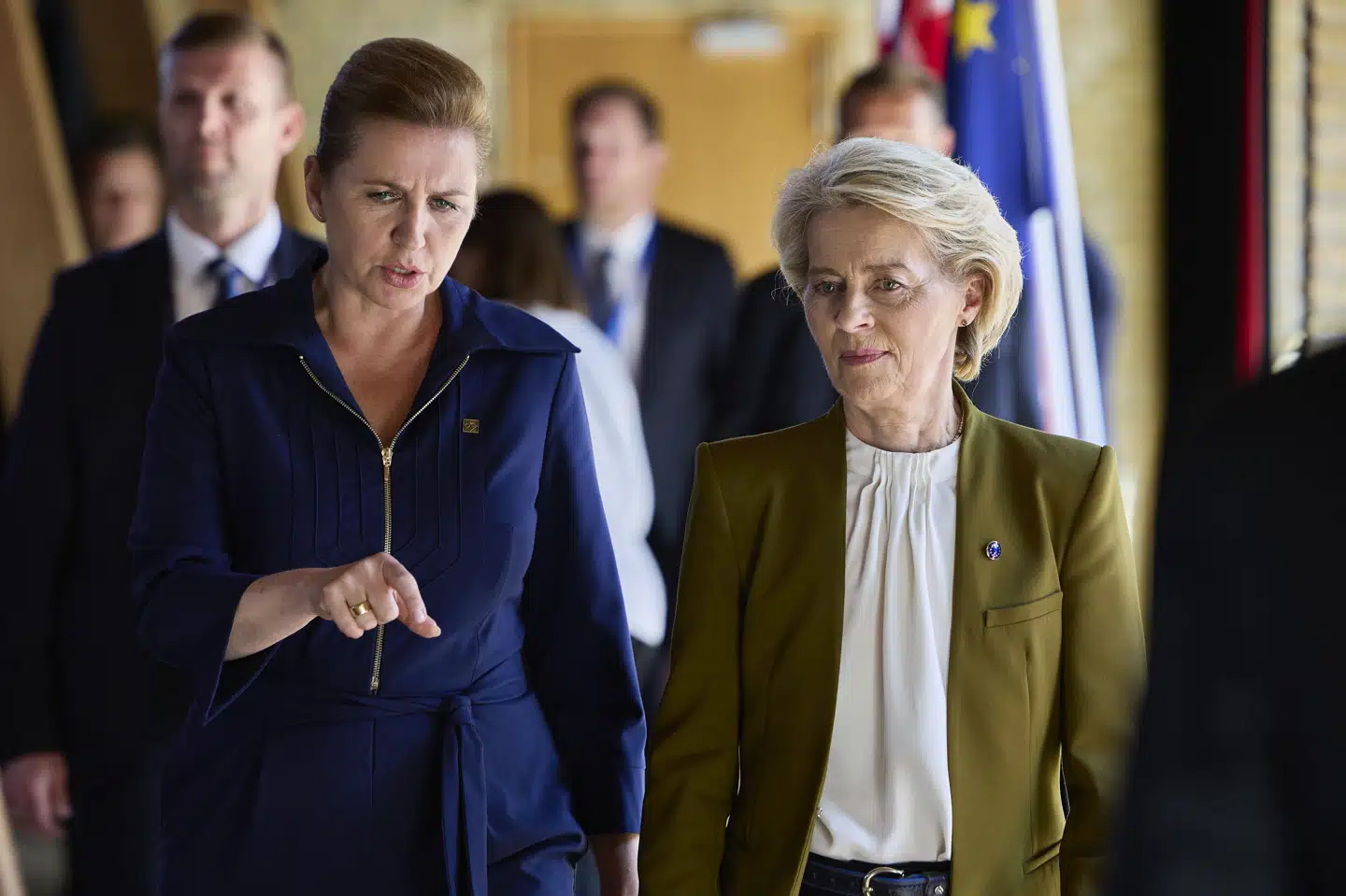 På et fælles pressemøde med statsminister Mette Frederiksen (S) siger EU-kommissionsformand Ursula von der Leyen, at hun håber, at Danmark i rollen som EU-formandskabsland vil være med til at handle flere handelsaftaler med andre lande på plads.