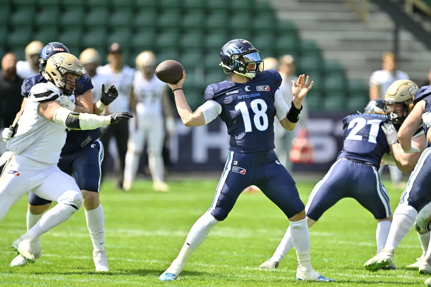 Quarterback Jadrian Clark har indtil været en stor profil hos Nordic Storm. Det var han igen i sejren søndag. (Arkivfoto).