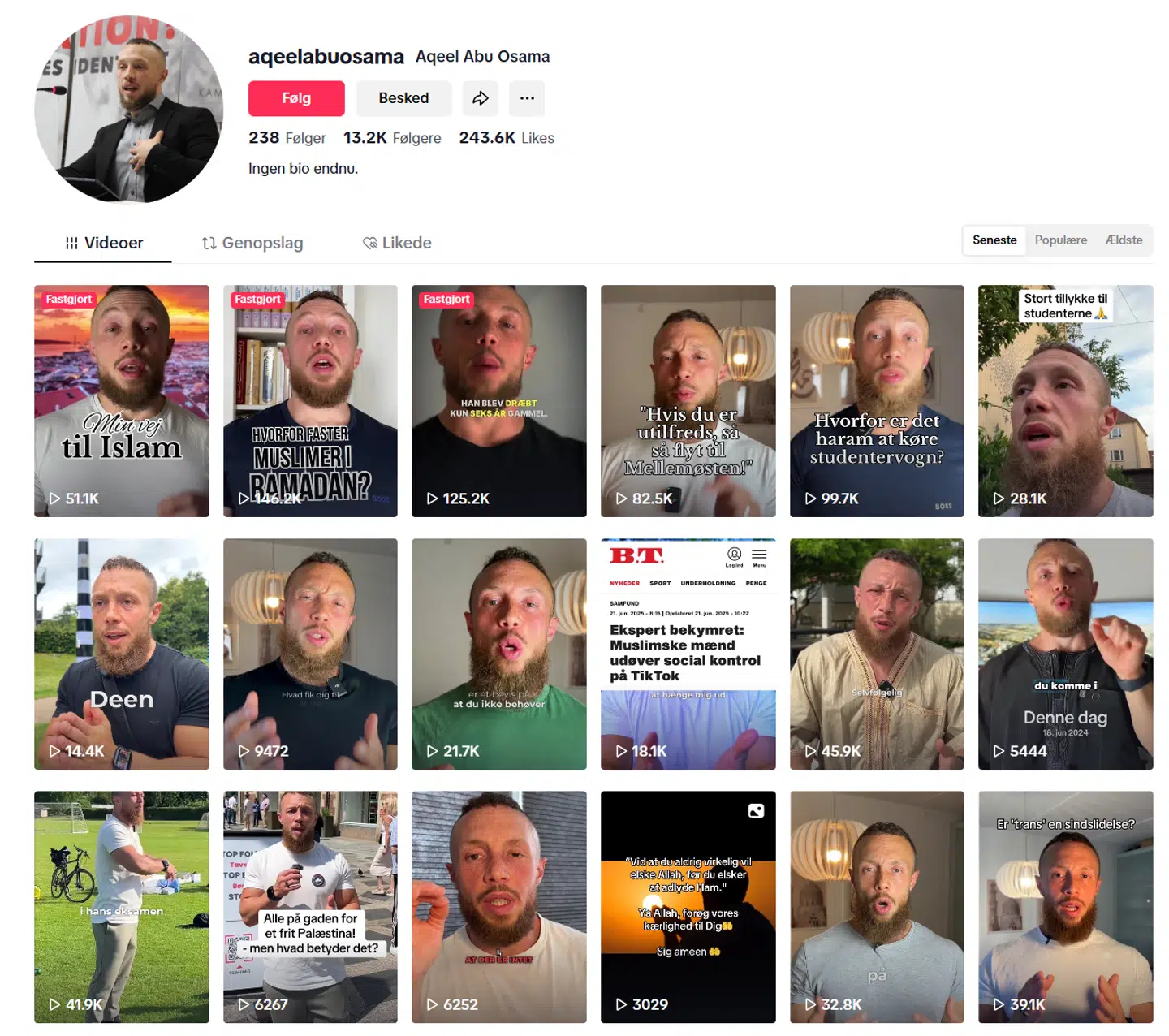 Under sit islamistiske alias Aqeel Abu Osama er Sebastian Østerfelt blevet en populær skikkelse på det sociale medie TikTok.