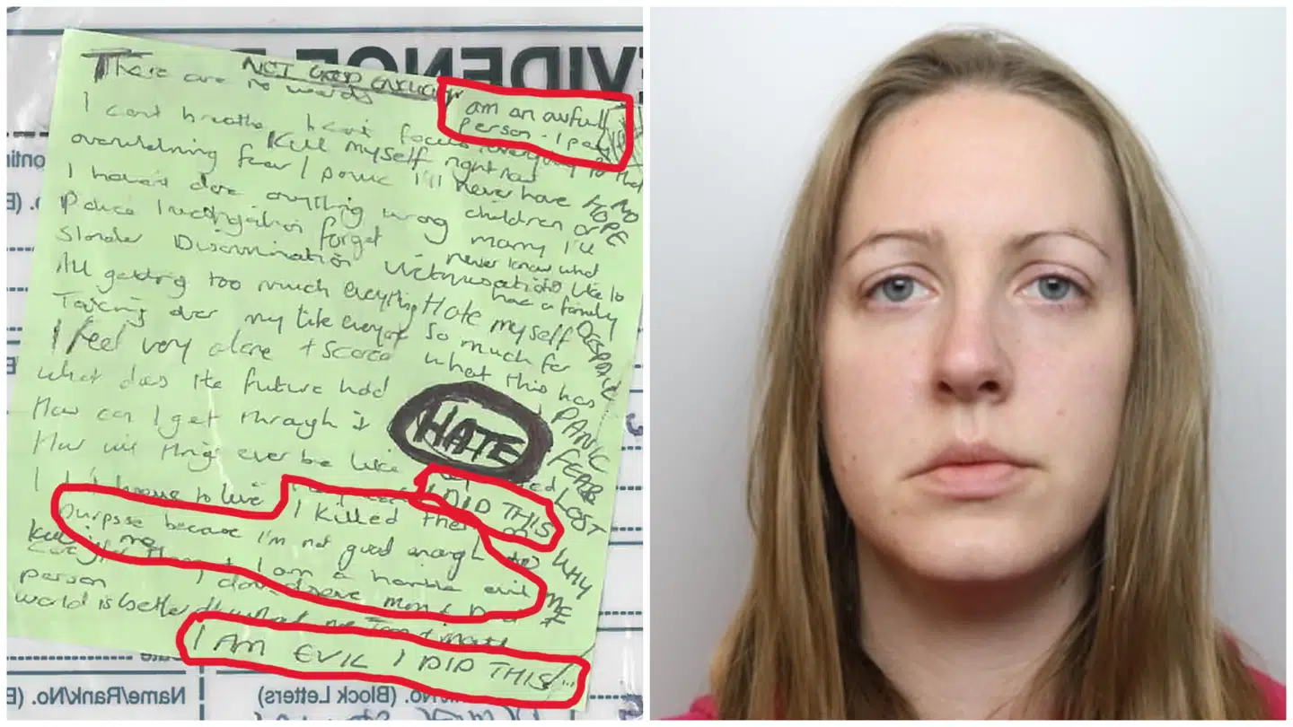 Lucy Letby (til højre) er den værste britiske barnemorder i moderne tid, og politiet mener ikke, at de er kommet til bunds i sagen endnu. På hendes bopæl fandt politiet denne såkaldte tilståelsesnote, som er et mylder af tanker, hun har skrevet ned. Flere af dem tilsyneladende inkriminerende. Opmærkningerne er Berlingskes.