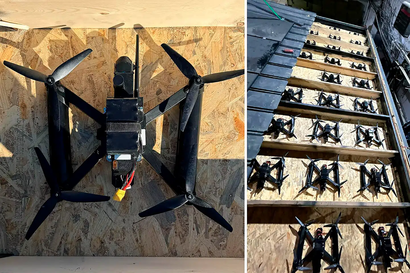 På billederne ses nogle af de ukrainske droner, der blev brugt til at udføre »Operation Edderkoppespind«.