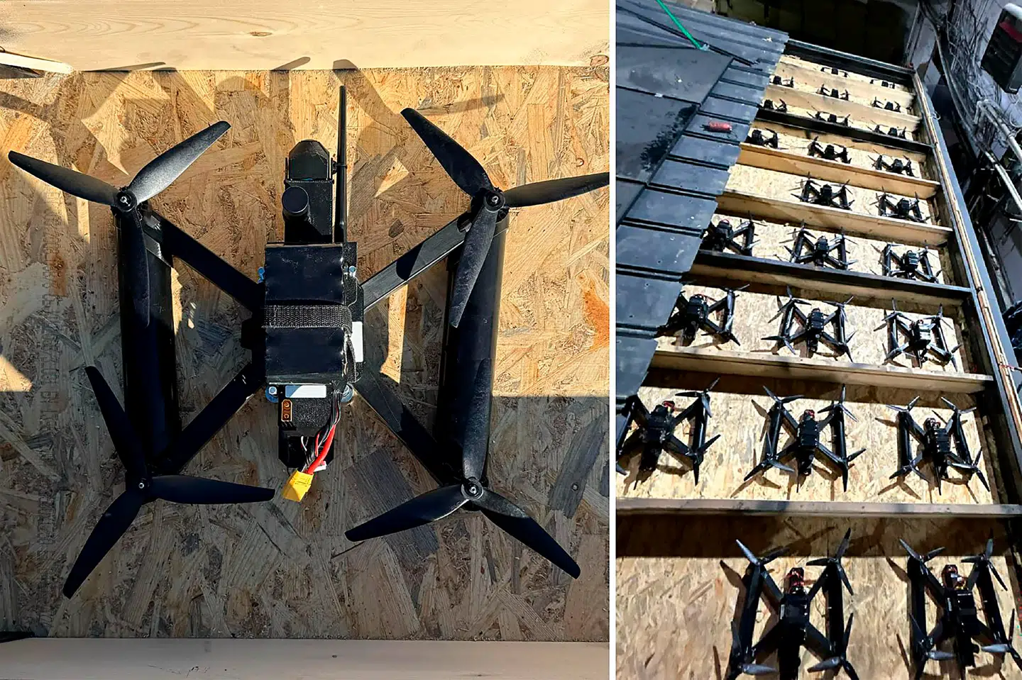 På billederne ses nogle af de ukrainske droner, der blev brugt til at udføre »Operation Edderkoppespind«.