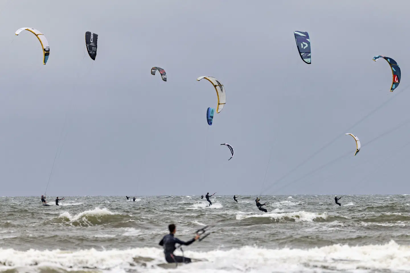 Kitesurfere med farvestrålende drager udgør i stigende grad en forstyrrelse over for svaner, ænder og gæs, lyder det fra Dansk Ornitologisk Forening. Billedet her er fra et kitesurfingarrangement i Tyskland. (Arkivfoto).