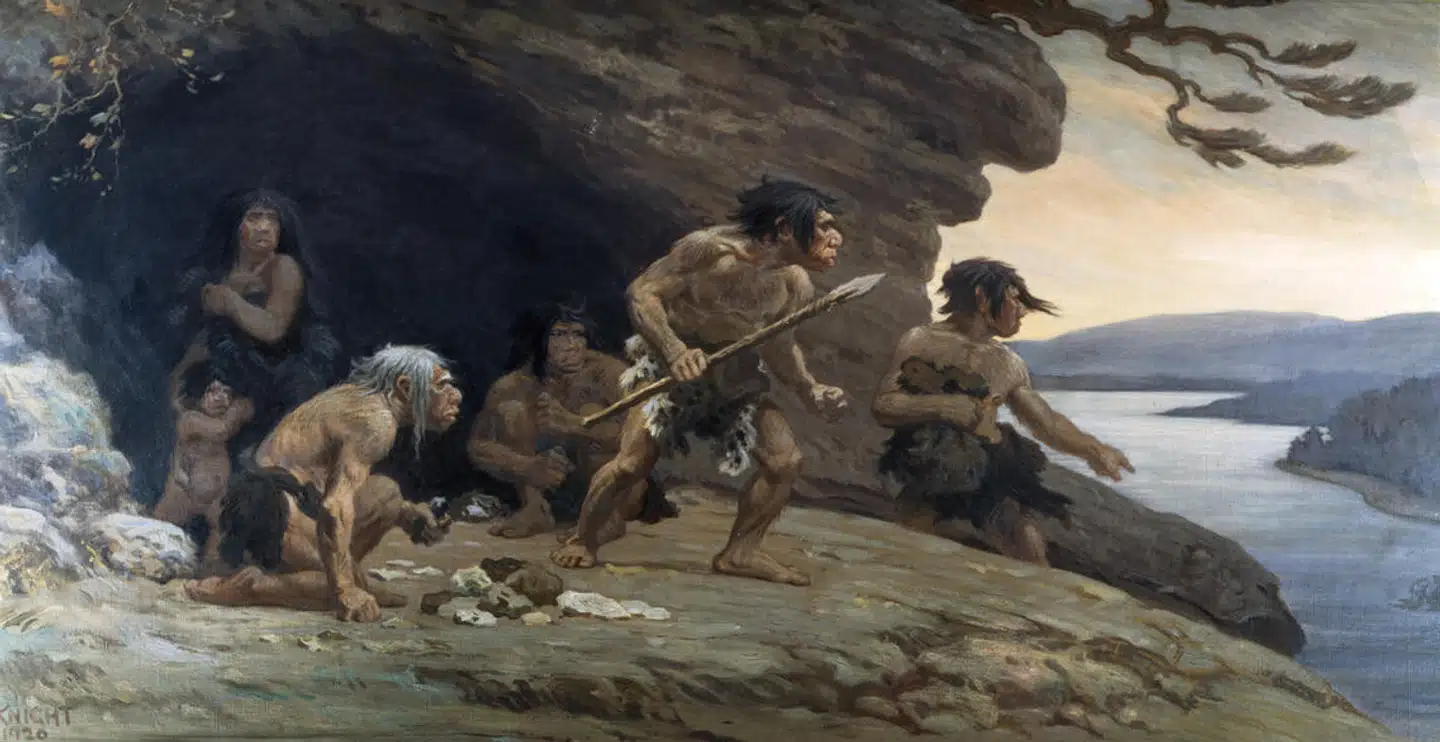 Maleri: Neanderthal Flintworkers, Le Moustier Cavern, Dordogne, France af Charles Robert Knight