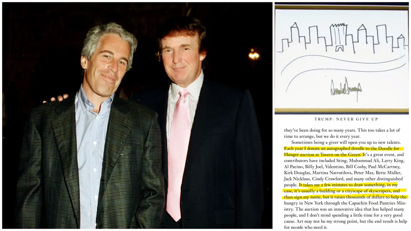 Alle Jeffrey Epsteins venner er faldet, i fængsel eller lever og dør under en sky af voldtægtsanklager. Alle undtagen Donald Trump. Ind til nu. Nu hævder han, at han aldrig har tegnet tegninger, men beviserne siger noget andet – til højre en af hans bortauktionerede tegninger og hans egen bog – og Trumps gamle tricks virker ikke længere.