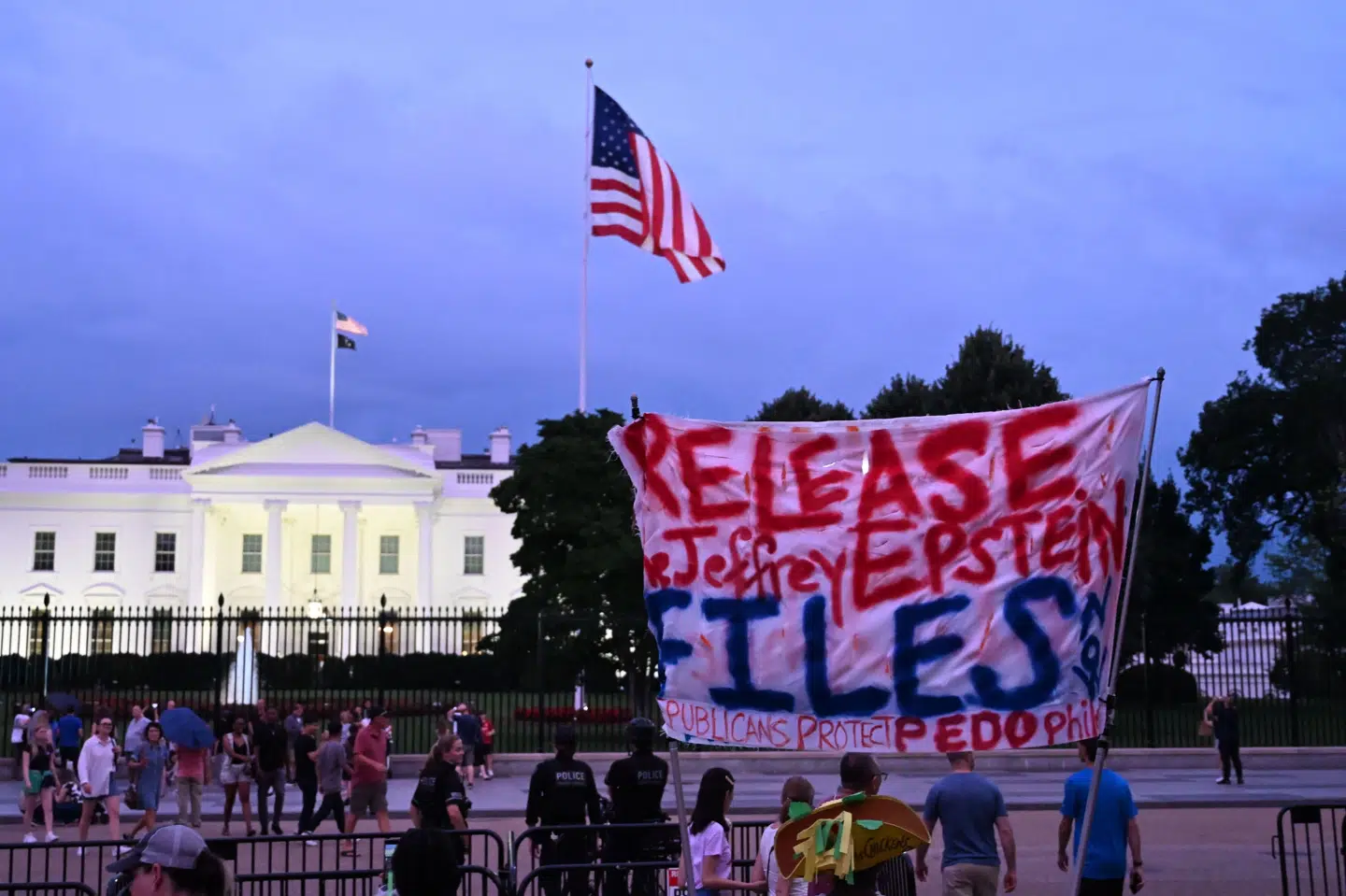 En demonstrant holder et skilt uden for Det Hvide Hus og kræver, at alle dokumenter med forbindelse til Jeffrey Epstein-sagen bliver offentliggjort.