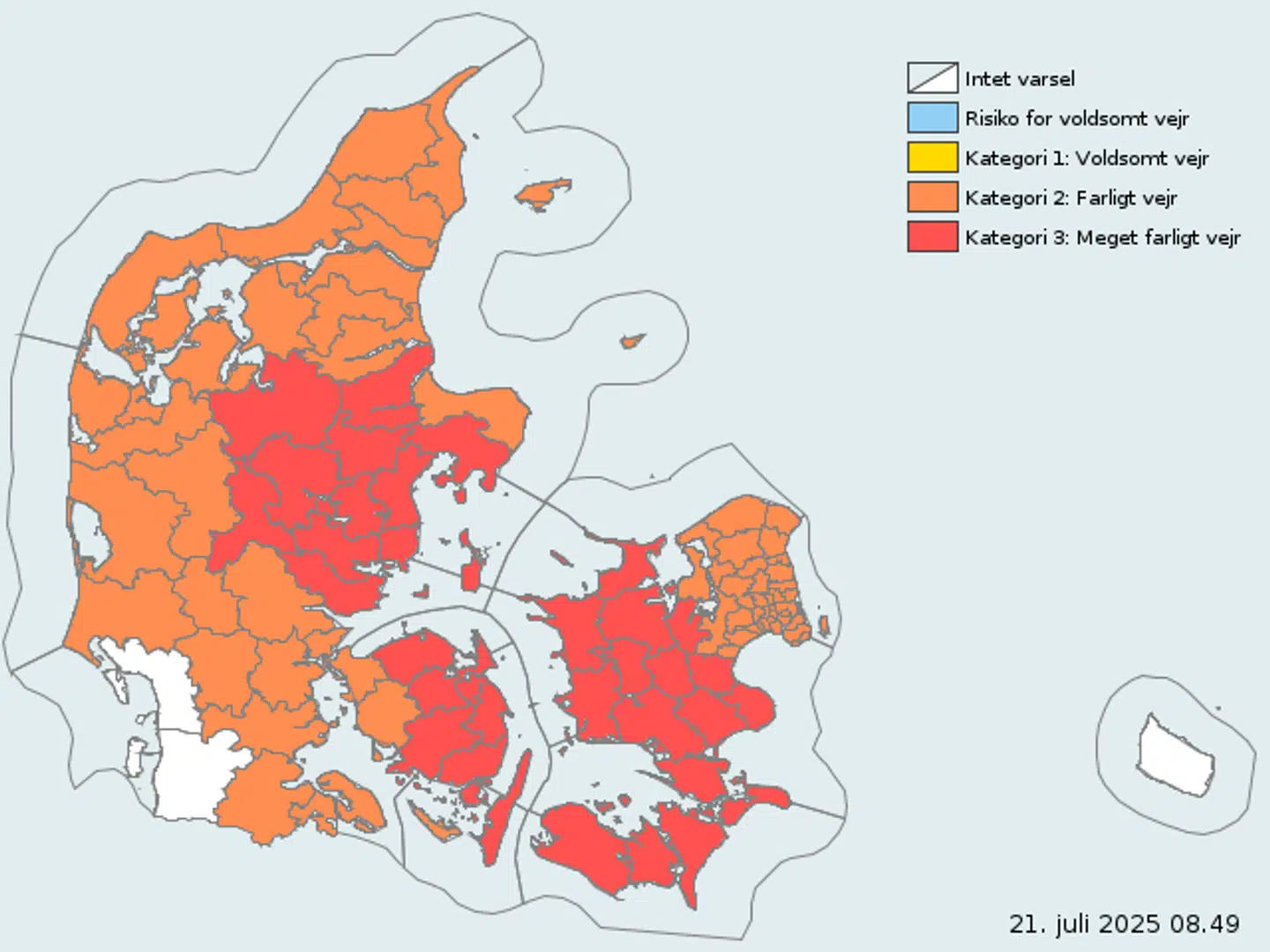 Sådan så DMIs varsling ud mandag.