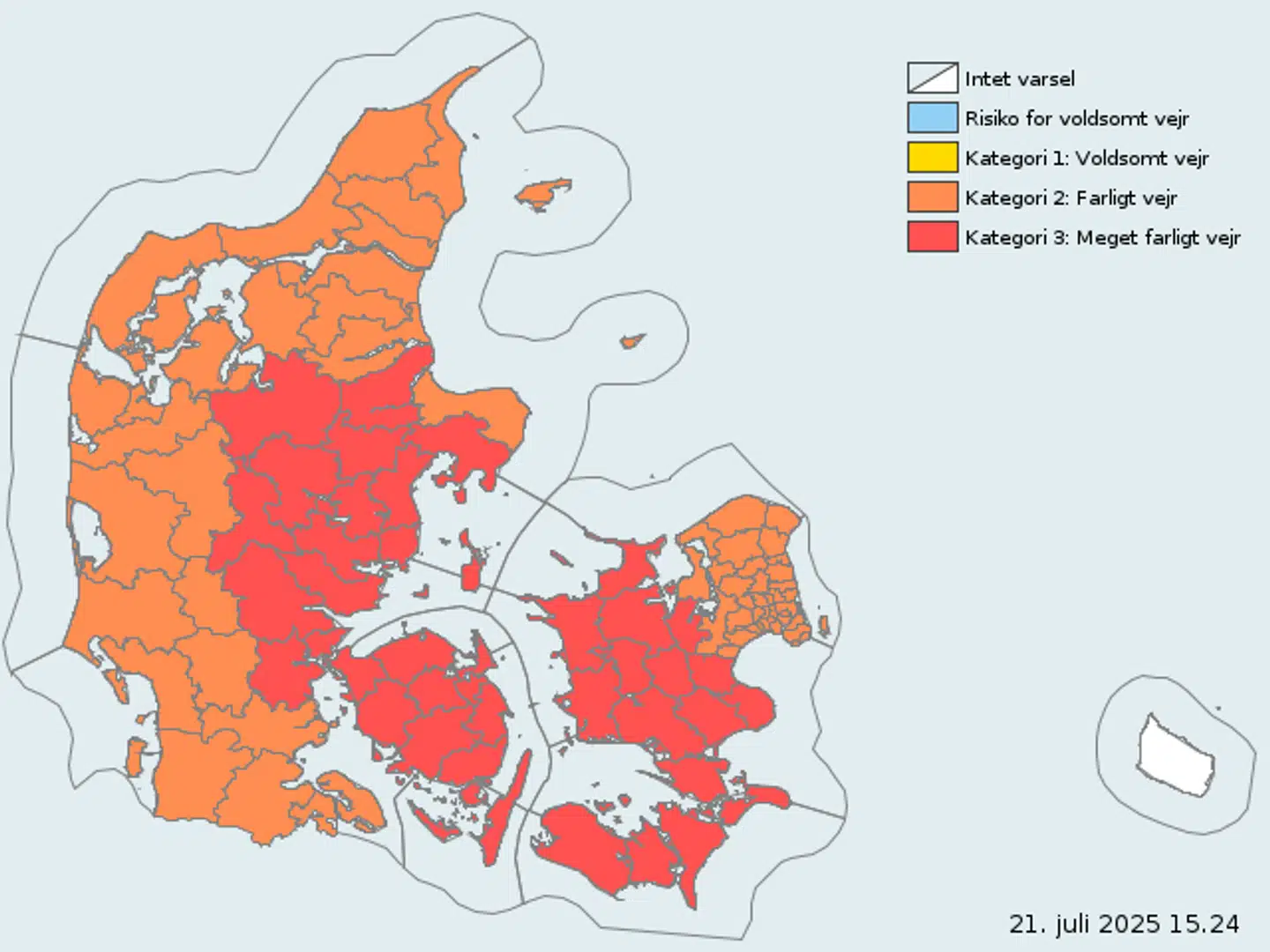 For de røde kommuner gælder et kategori 3-varsel om »særdeles kraftig regn«, oplyser DMI.