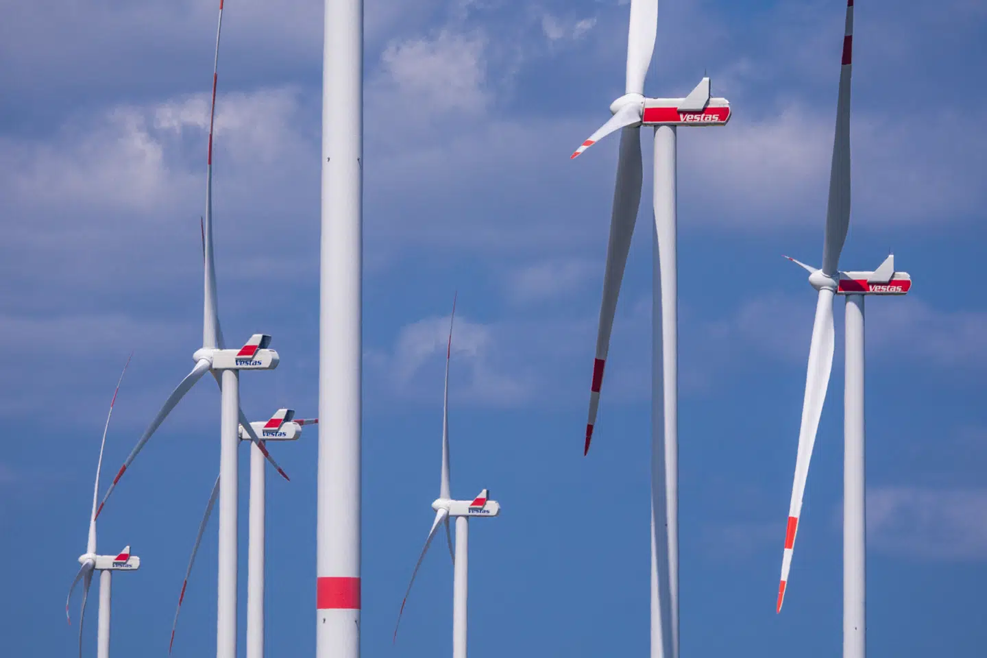 11 June 2025, Mecklenburg-Western Pomerania, Parchim: The rotors of wind turbines from the manufacturer Vestas stand in a wind farm. Photo by: Jens Büttner/picture-alliance/dpa/AP Images