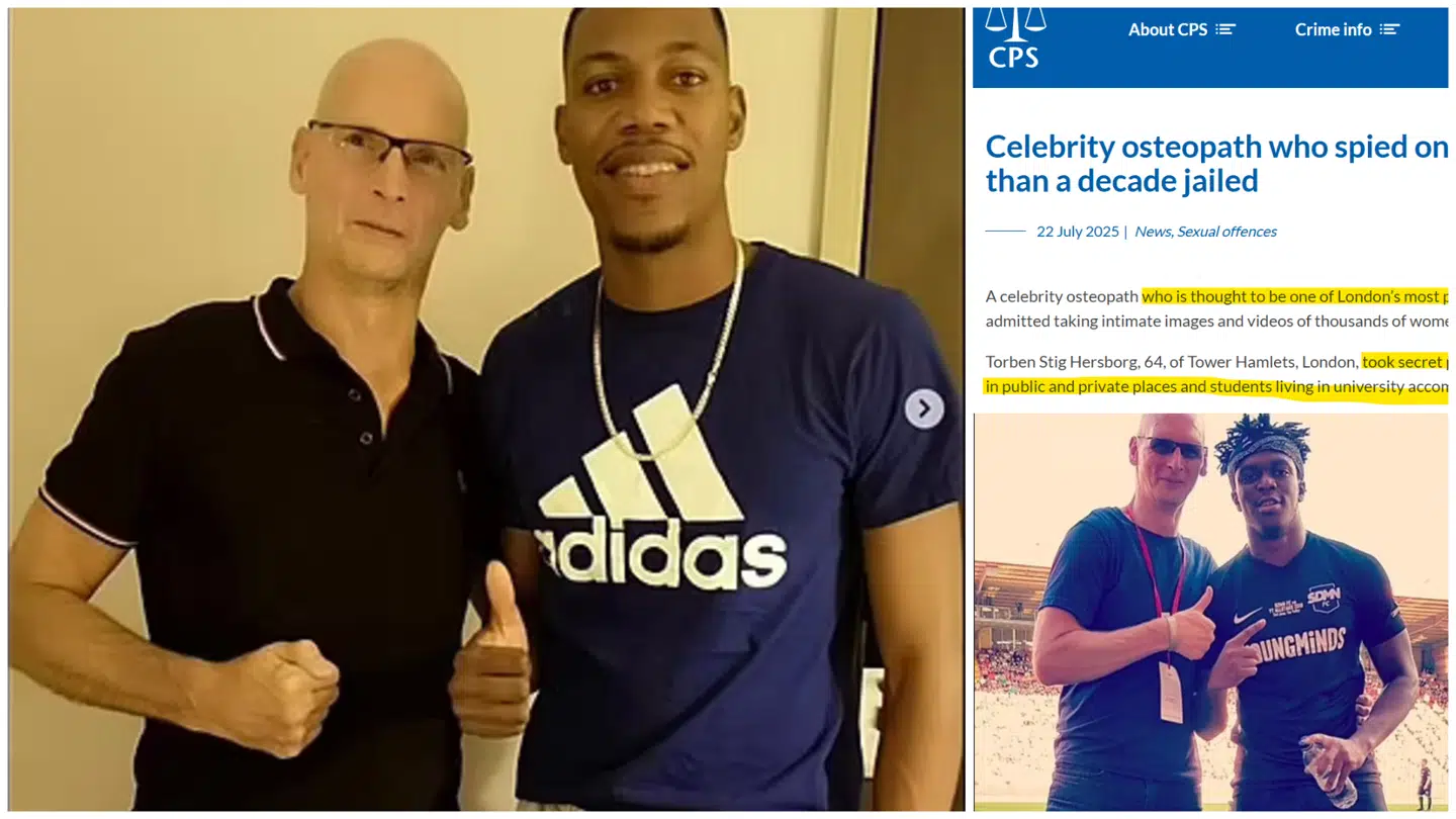 Den 64-årige Torben Hersborg var osteopat for idrætsstjerner, rockmusikere, realitynavne og store skuespillere, og han lagde ofte billeder op på sin kliniks webside. Her er han sammen med den britiske guldatlet Zharnel Hughes (tv.) samt youtuberen og rapperen KSI (th.) Ifølge den britiske anklagemyndighed er han »en af de værste voyeurer i London nogensinde«.