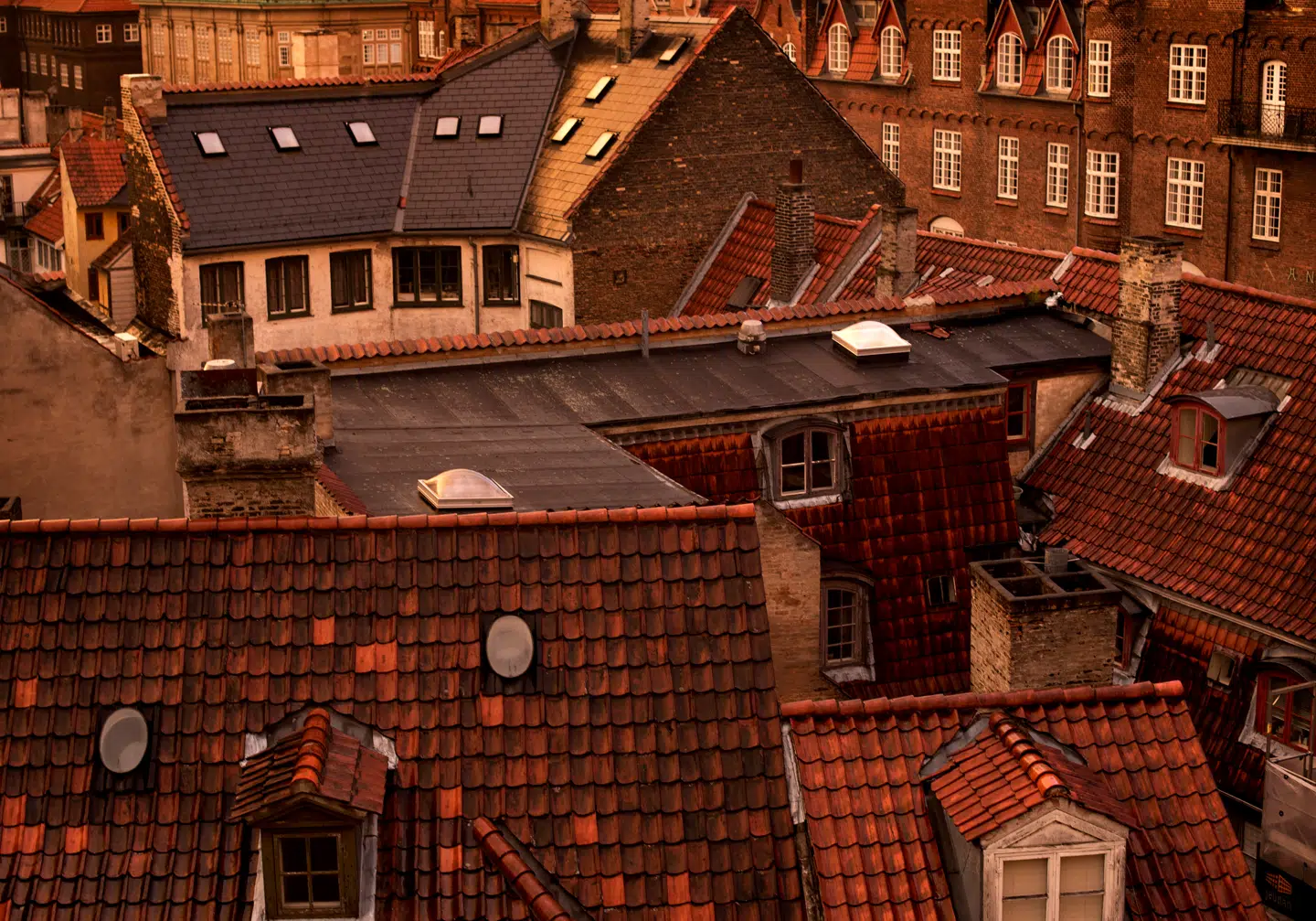 Hustage over København i aftenlys.