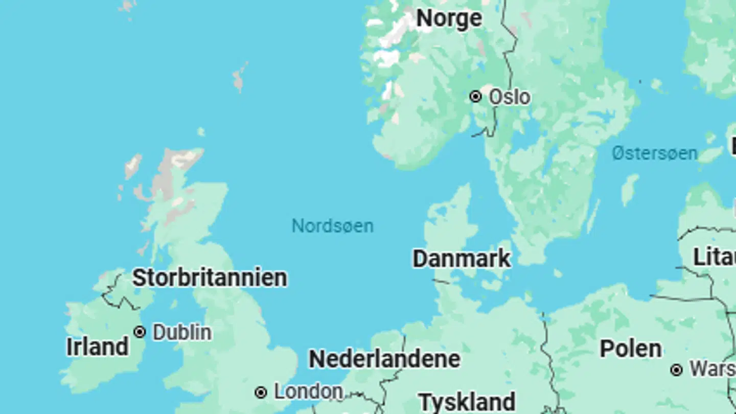 Danmark ligger godt og trygt, beskyttet af andre lande og ikke mindst Nordsøen overfor eventuelle tsunamier. Foto: Google Maps