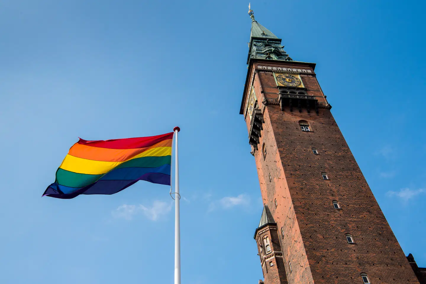 Når lande i Europa som Ungarn samtidig forsøger at forbyde Pride og stigmatisere lgbt+-personer, kalder det på en klar, borgerlig modstand. Derfor skal vi også markere os politisk, skriver Merete Winther Hildebrandt og Claus Wagenblast-Franck i et læserbrev. På billedet ses et regnbueflag ved Københavns Rådhus.