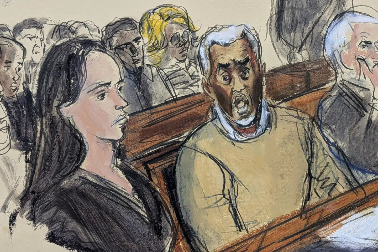 Rapperen Sean "Diddy" Combs ses i midten af tegningen blandt sine advokater under retssagen mod ham. Der ventes dom den 3. oktober. (Arkivfoto).