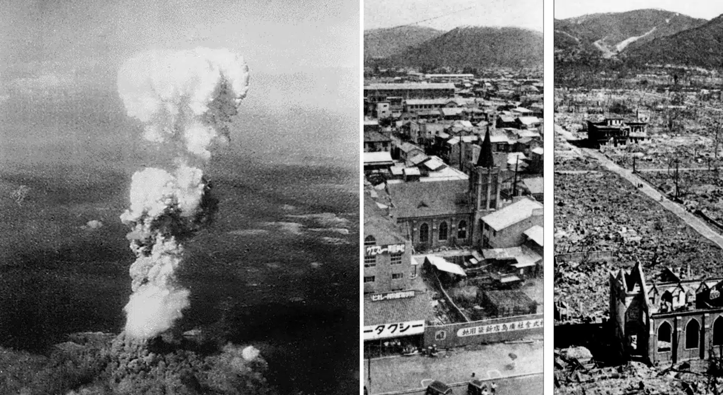 For 80 år siden kastede USA atombomberne over Japan. Den første bombe blev kastet 6. august 1945 over Hiroshima – billedet til venstre – og på billederne til højre ses et udsnit af Hiroshima før og efter angrebet.