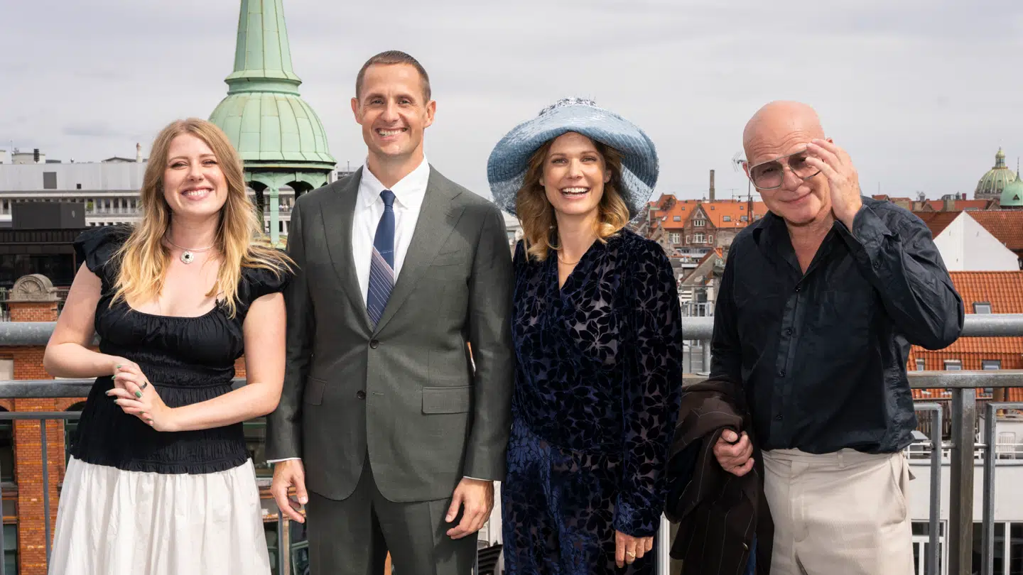 TV 2-vært Maria Fantino og det nye 'X Factor'-dommerpanel: Benjamin Hav, Nanna Øland Fabricius og Thomas Blachman.