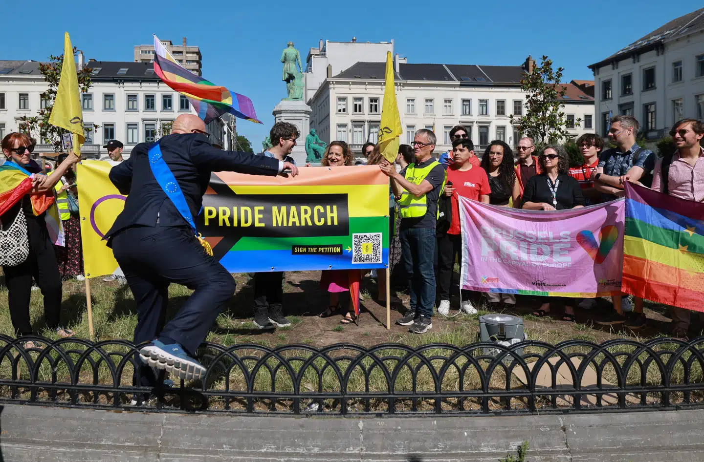 epa12196218 Members of the European Parliament, including French MEP Raphael Glucksmann, Luxembourger Marc Angel, and Spanish leader of the Progressive Alliance of Socialists and Democrats (S&D), Iratxe Garcia Perez, pose with Amnesty International activists during a 'Mini Pride' demonstration against Hungary's Pride ban in front of the European Parliament and the Hungarian representation in Brussels, Belgium, 25 June 2025. Over 14, 000 people in Belgium and 75, 000 worldwide have signed Amnesty International's petition calling on Hungarian authorities to allow Budapest Pride to take place without fear or violence. The 30th edition, scheduled for 28 June, is at risk of being banned under a new law passed in March that allows authorities to prohibit the march, fine participants, prosecute organizers, and use facial recognition to identify attendees. EPA/OLIVIER HOSLET