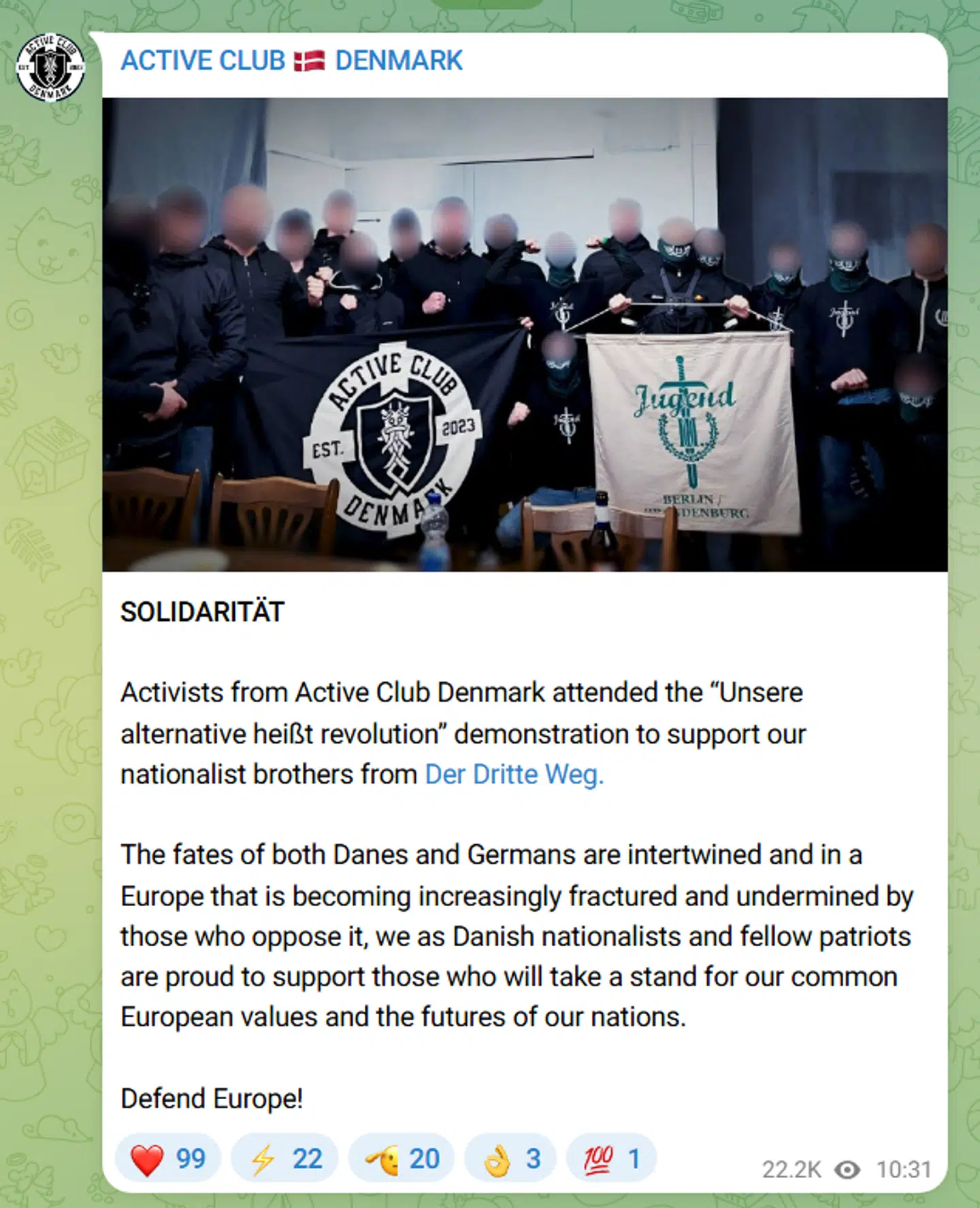 Her ses den besked på Telegram, hvor Active Club Denmark omtaler mødet med Der Dritte Weg.