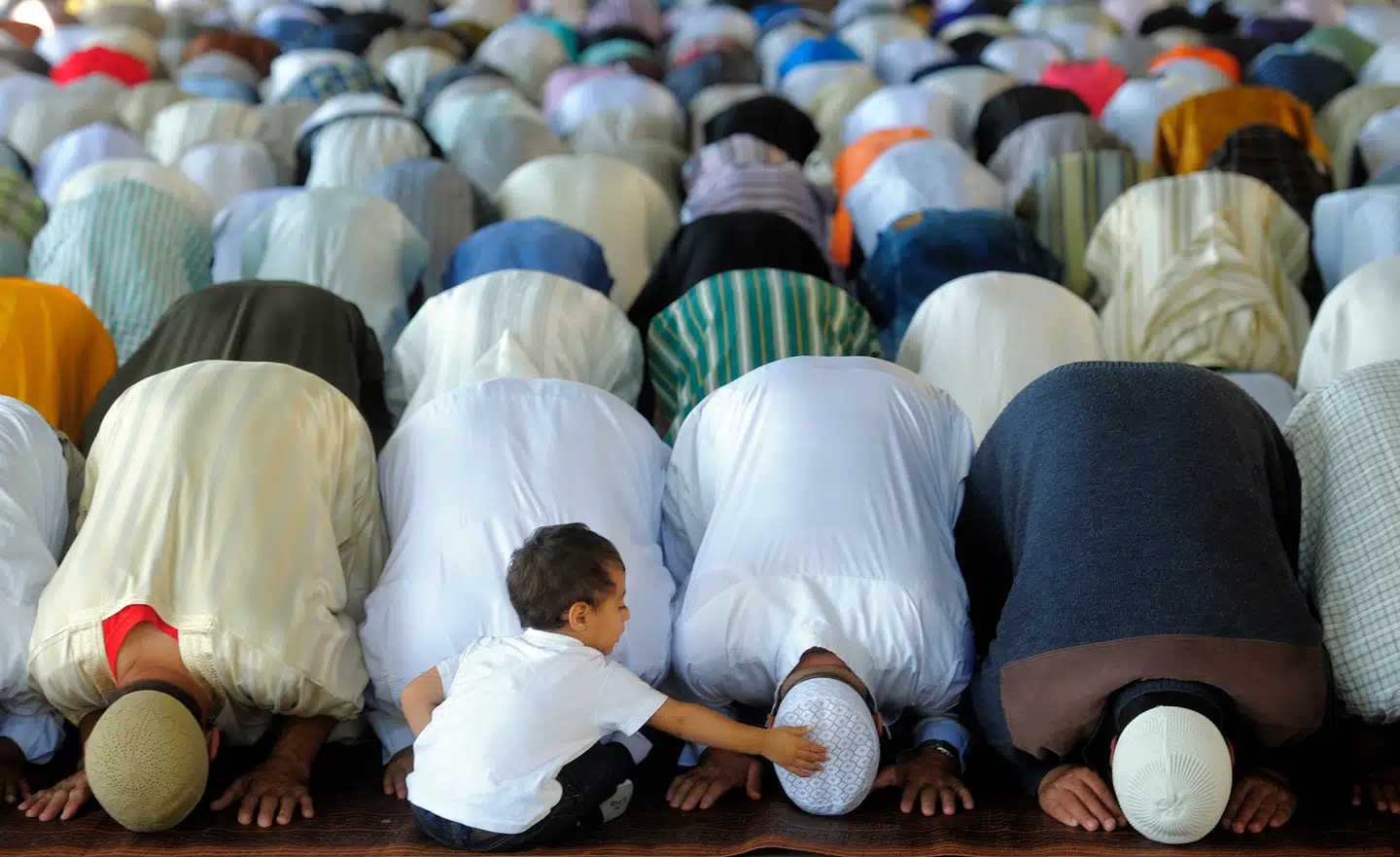 Muslimer beder sammen i forbindelse med afslutningen på fastemåneden ramadan i den nordøstspanske by Lleida.