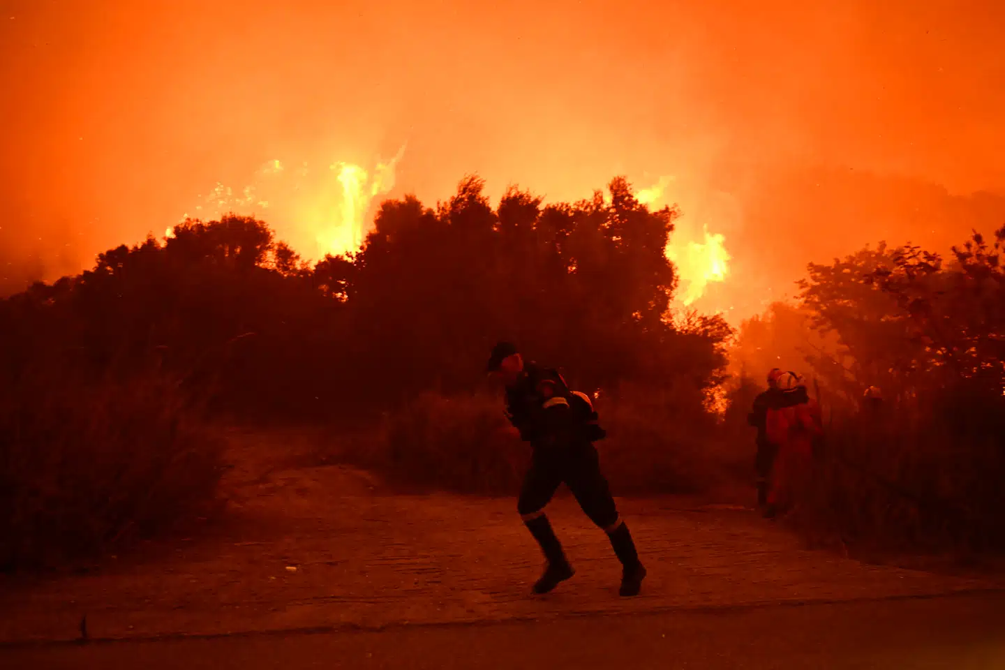 Brandfolk kæmper mod flammer nær storbyen Patras i Grækenland. Denne brand menes at være påsat.