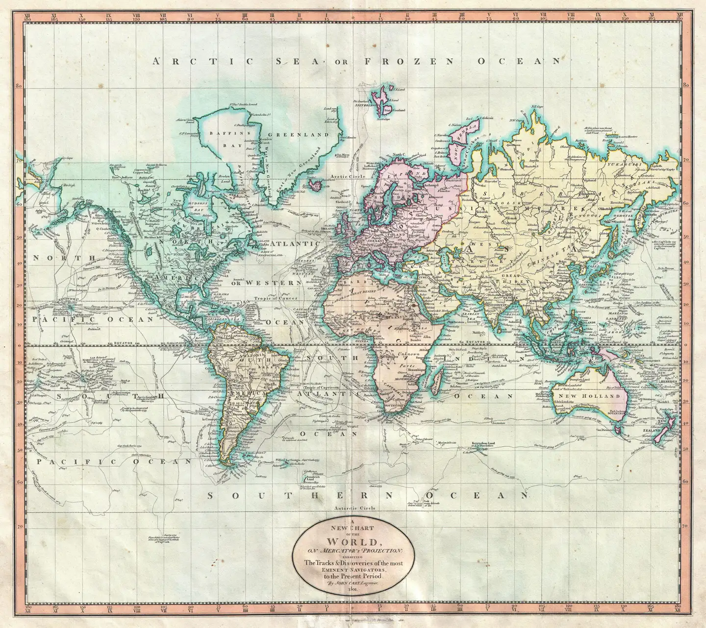 Verdenskort fra 1801 med udgangspunkt i Mercator-projektionen.