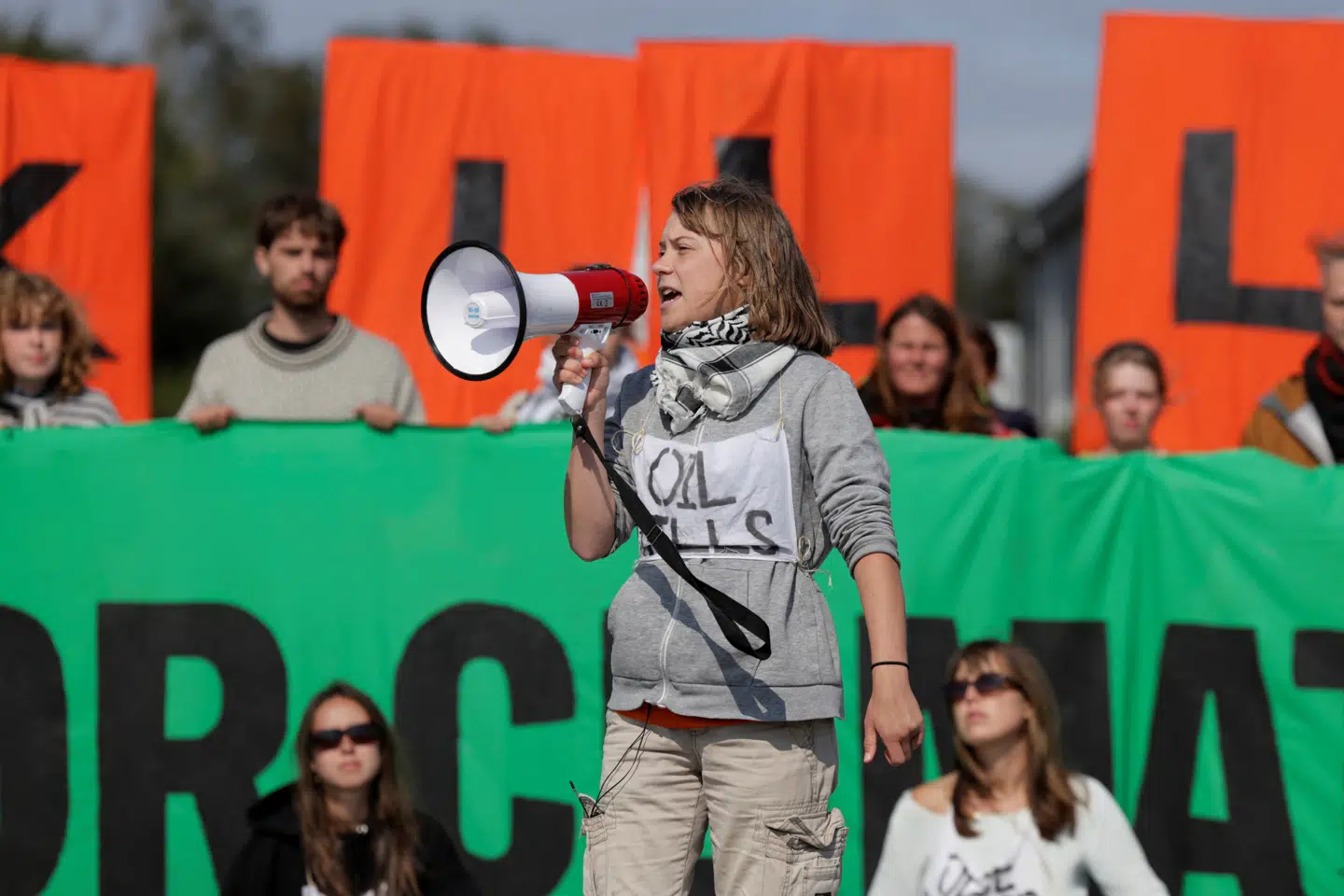 Greta Thunberg under demonstrationen mod Equinors olieraffinaderi.