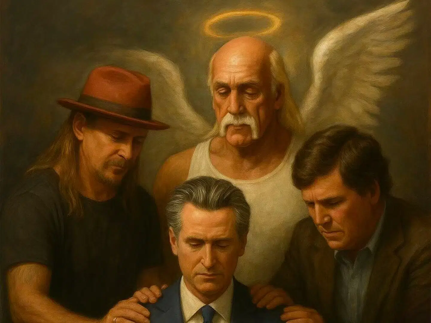 Et af de billeder, Gavin Newsoms folk har delt på det seneste. Her ses guvernøren med tre store tilhængere af Donald Trump: musikeren Kid Rock, den afdøde wrestler Hulk Hogan og den tidligere Fox News-vært Tucker Carlson.