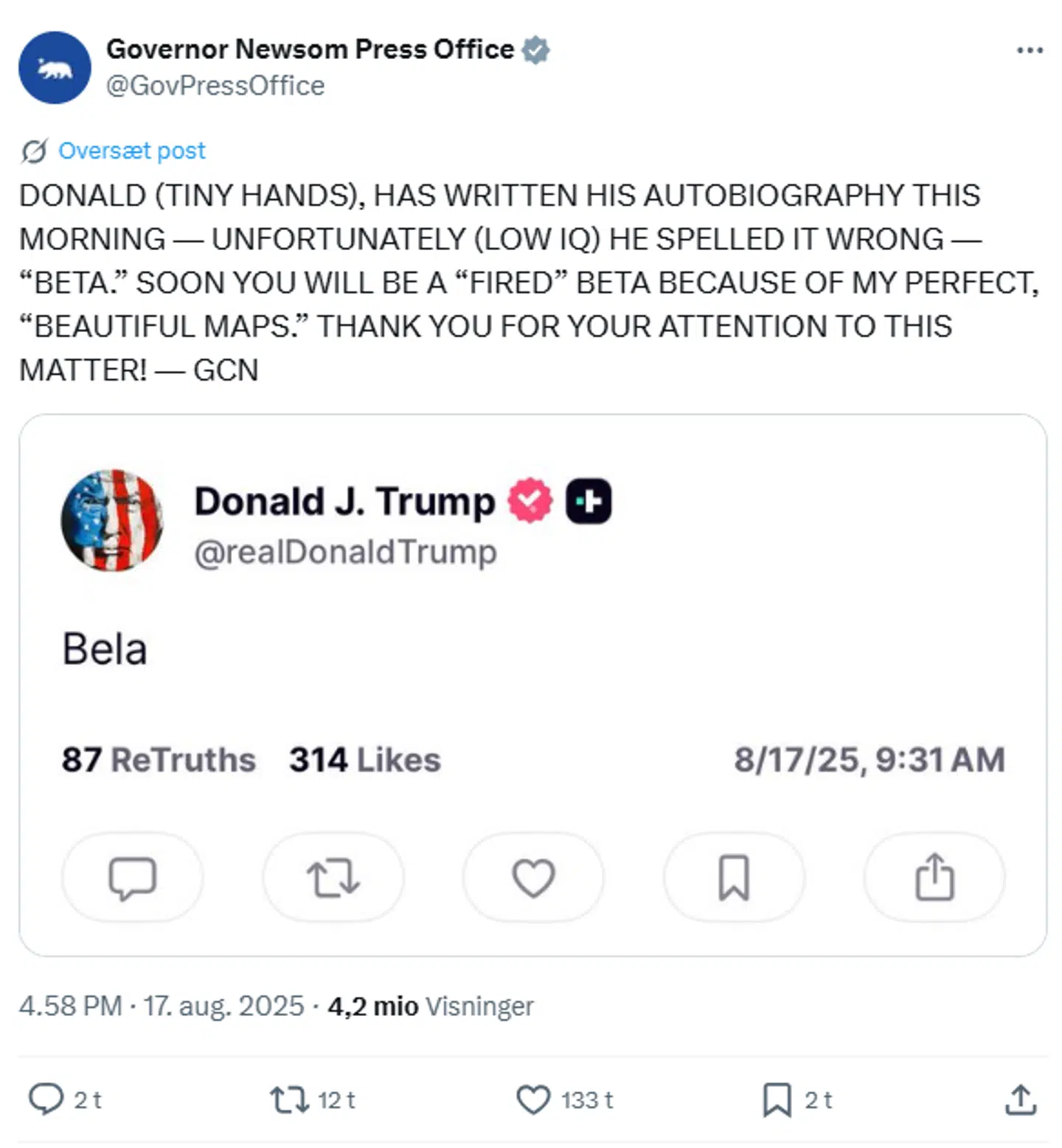 Et af efterhånden mange opslag, hvor Gavin Newsom og hans folk efterligner Donald Trumps måde at skrive på. Strategien har haft enorm effekt.