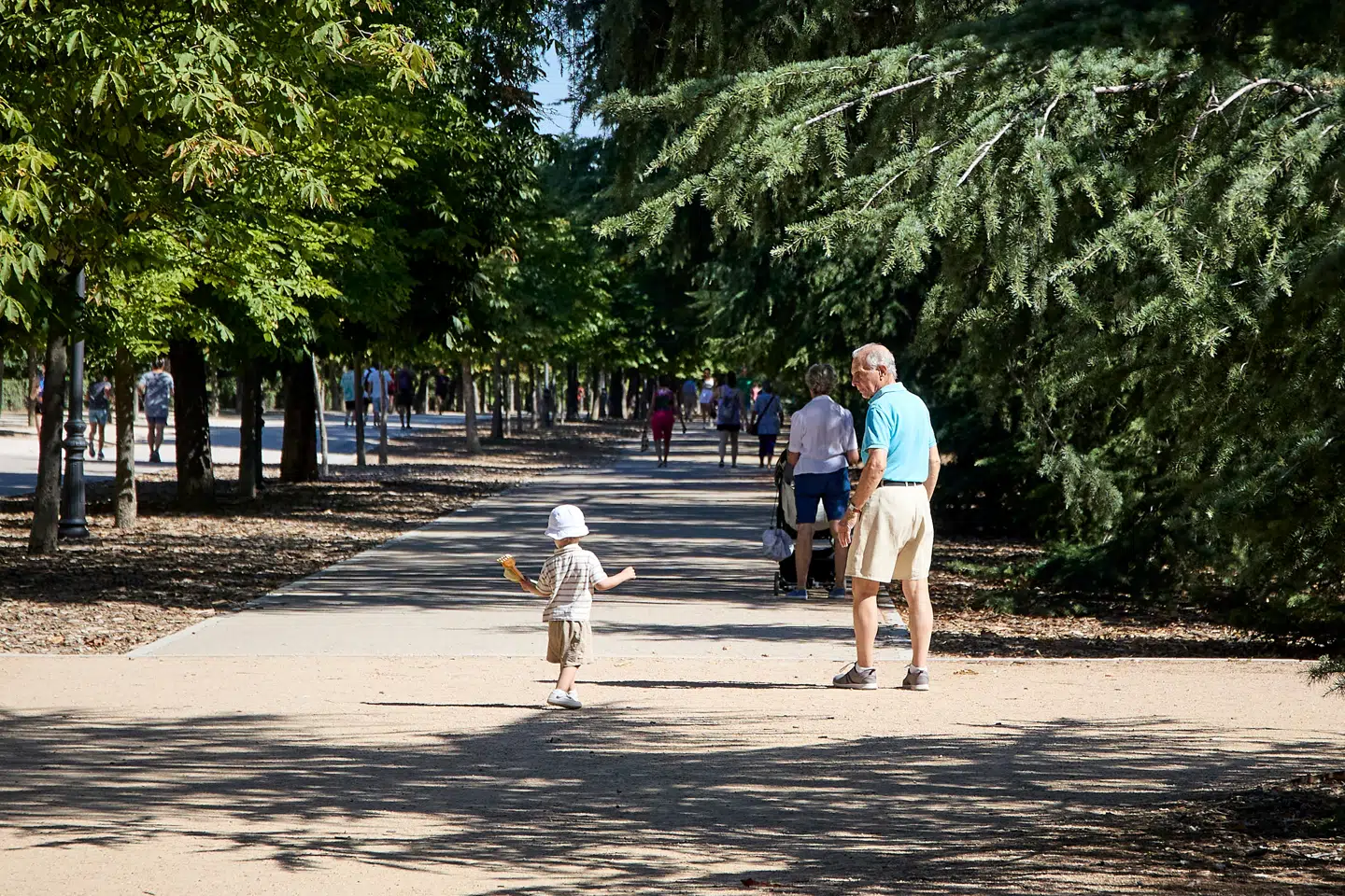 En ældre mand holder vågent øje med sit barnebarn under en spadseretur i Madrids Retiro-park.