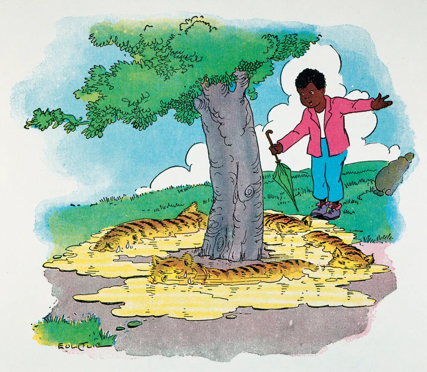 Illustration fra den engelskprogede 1925-udgave af Helen Bannermans bog om Lille Sorte Sambo. Foto: The Granger Collection/Scanpix.