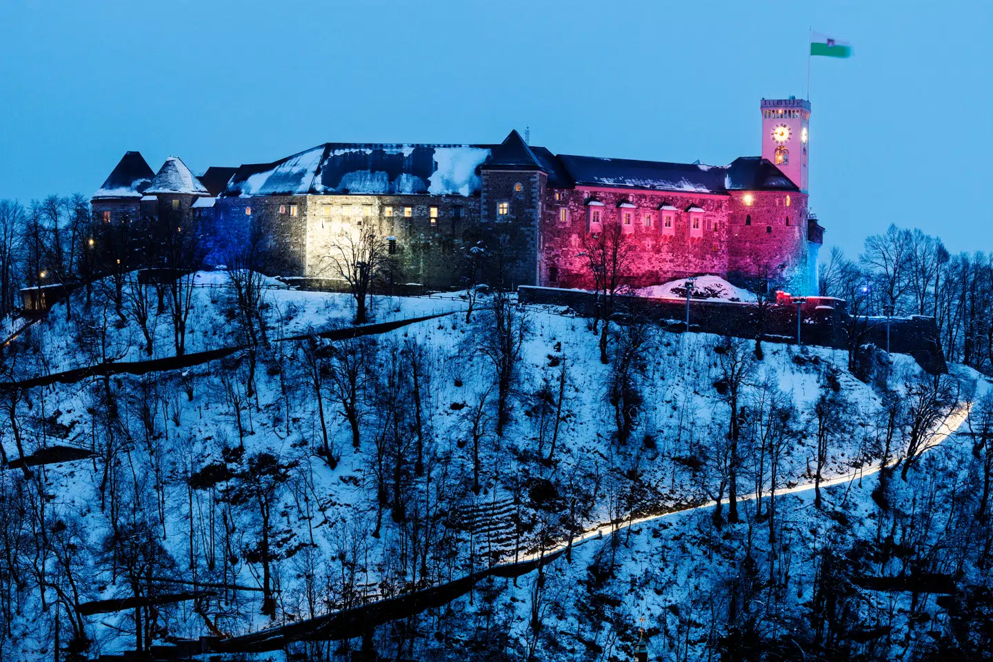 Ljubljana Castle seen during winter evening. Ljubljana, Slovenia
