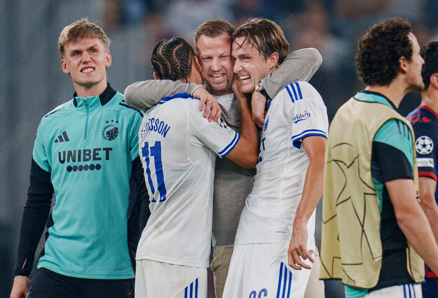 Jacob Neestrup, Jordan Larsson og William Clem efter FCKs sejr over FC Basel i Parken. Foto: Liselotte Sabroe, Scanpix
