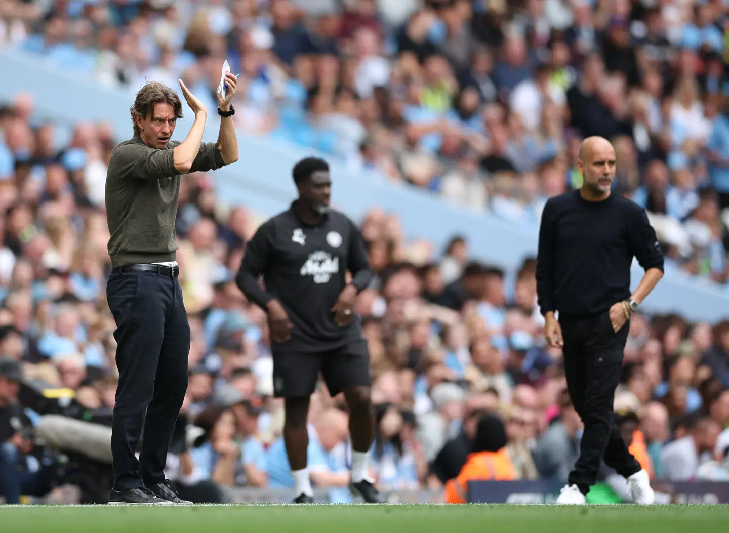 Thomas Frank og Pep Guardiola under en kamp tidligere på året mellem Tottenham Hotspurs og Manchester City.