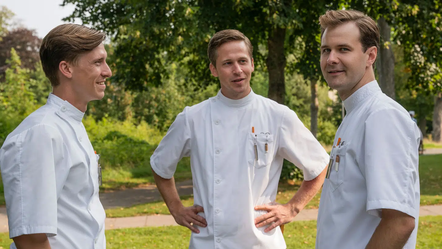 Jakob Åkerlind (I midten) som karakteren Aksel i 'Sygeplejeskolen'.