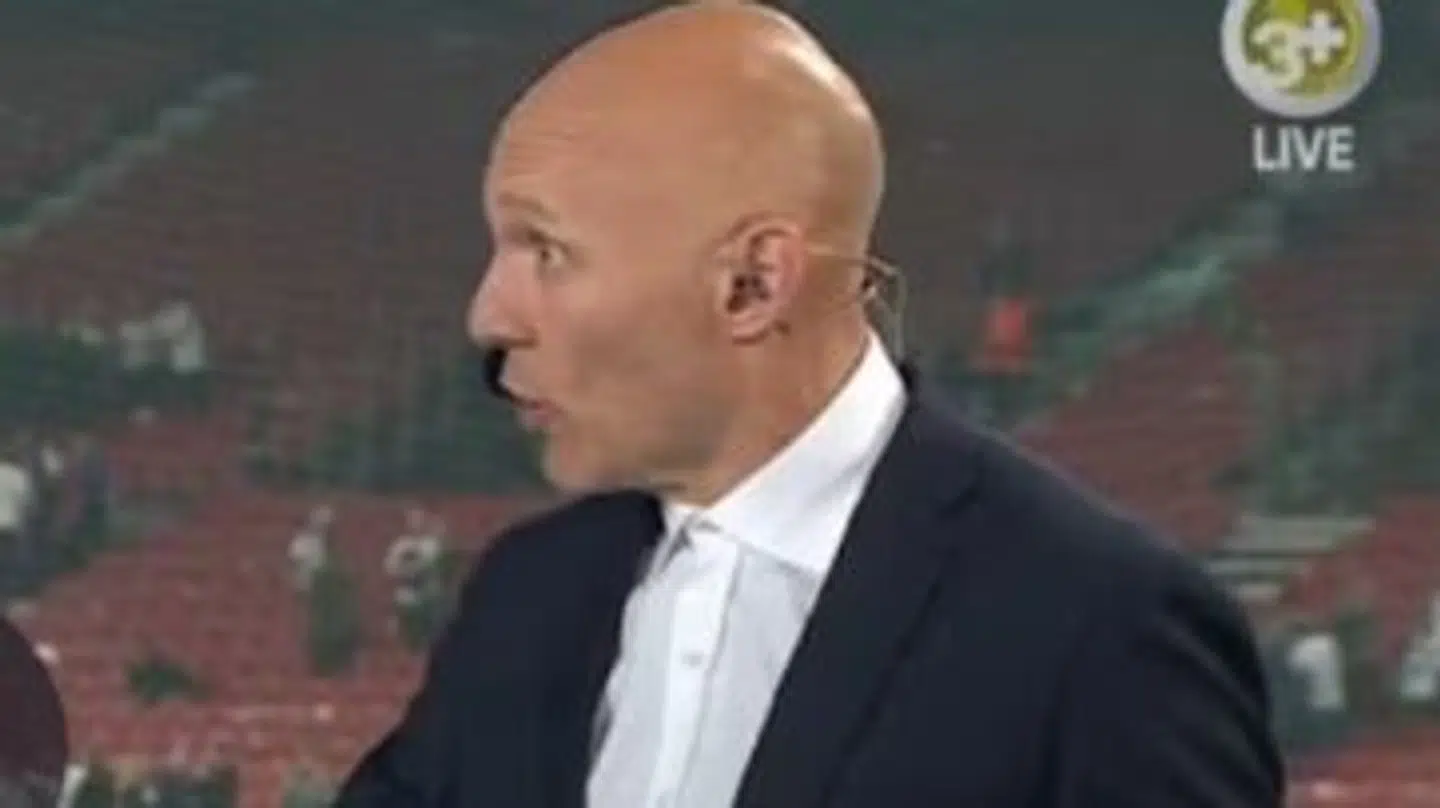 Thomas Gravesen i sit job som Viaplay-ekspert i forbindelse med FC Københavns Champions League-sejr over Basel forleden.