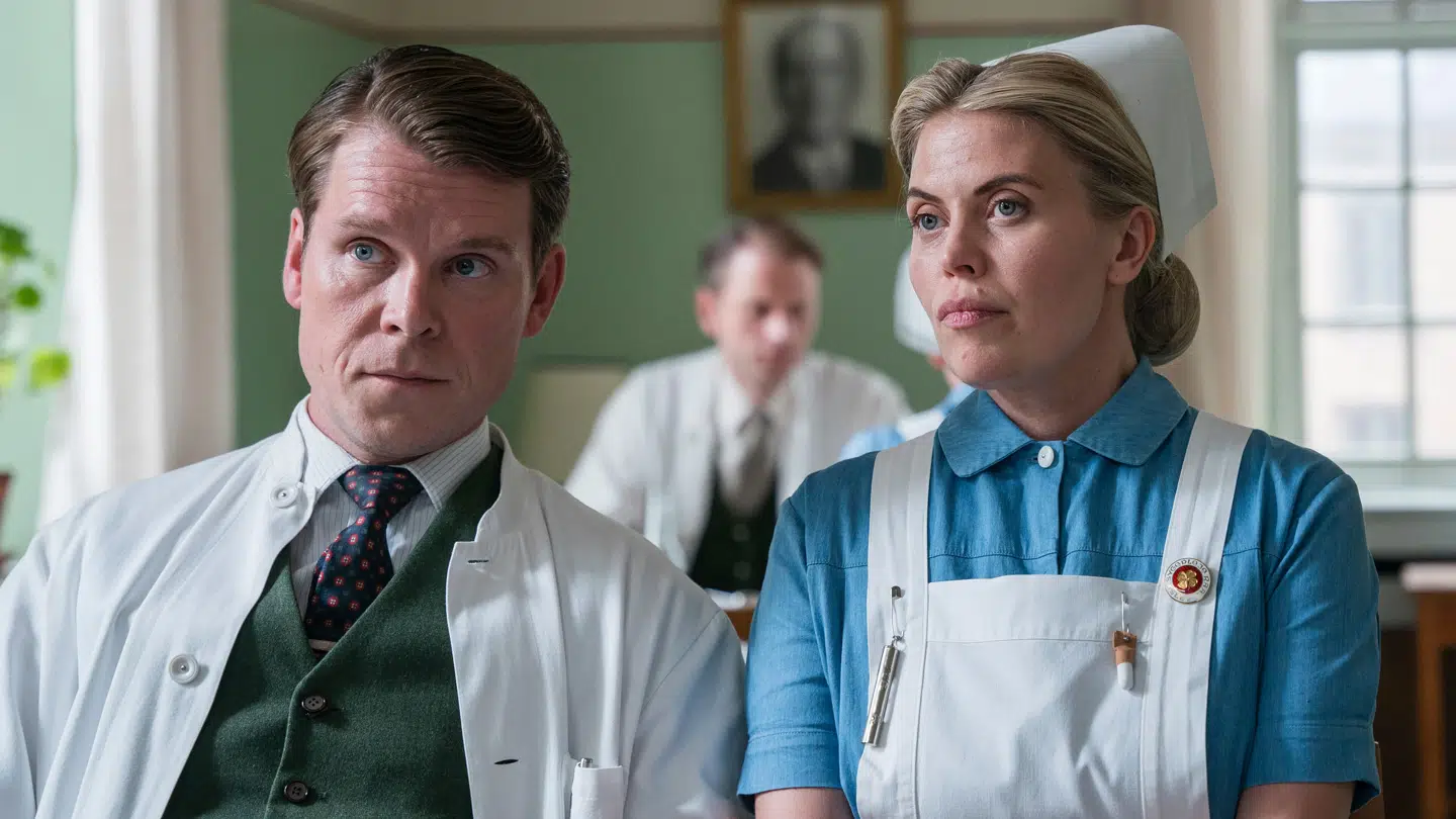 Thue Ersted Rasmussen som reservelæge Christian Friis i 'Sygeplejeskolen'. Her ved siden af Anna Stokholm.