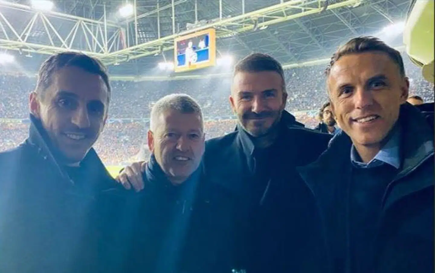 Fra venstre: Gary Neville, Jesper Olsen, David Beckham og Phil Neville.