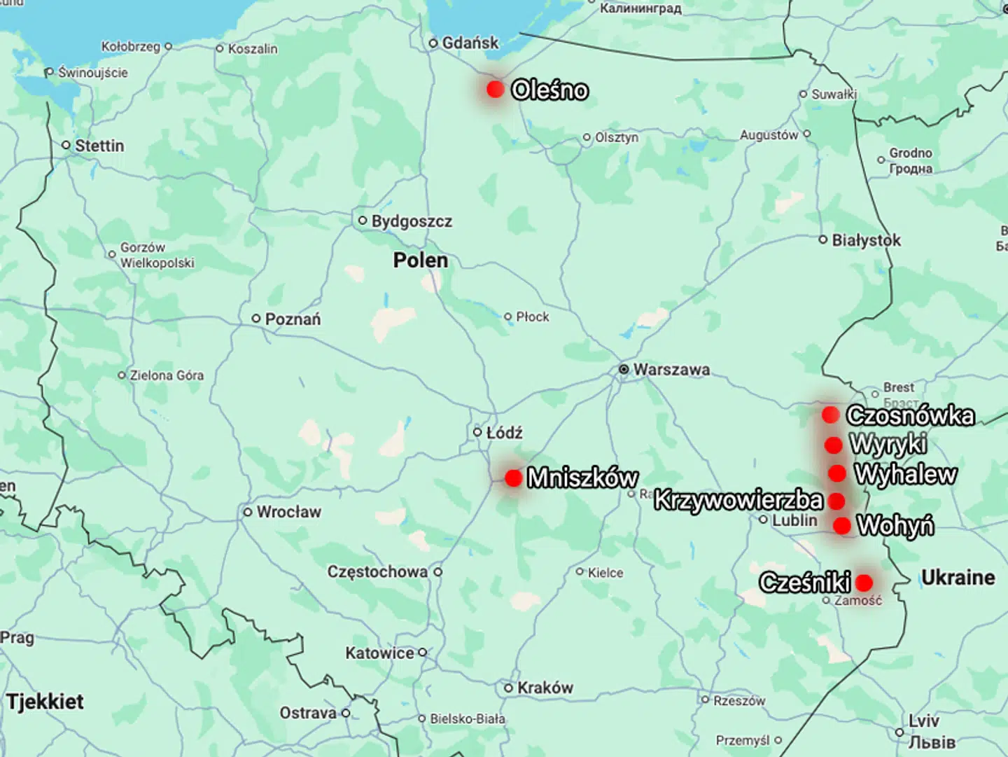 Her er de otte steder i Polen, hvor der så vidt er meldt onsdag blev registreret nedskudte drone eller dronerester. Nogle steder er adskillige hundrede kilometer fra grænsen til Ukraine.