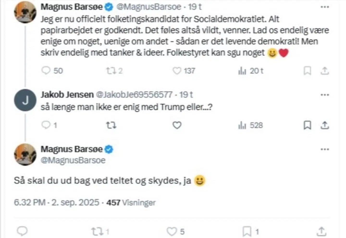 Skærmbillede af kommentaren fra Magnus Barsøe. Delt på X af profilen @Leverpostejen og bekræftet af Magnus Barsøe.