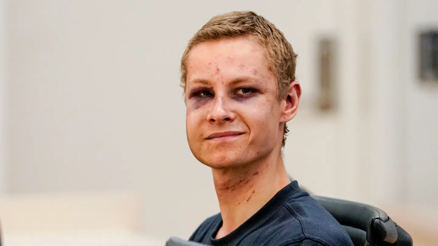 Terror charged Philip Manshaus attends a hearing at an Oslo courthouse on August 12, 2019 in Norway. - Norwegian 21-year old Philip Manshaus, is formally suspected of murder in the death of his 17-year-old stepsister, and of a "terrorist act" at the Al-Noor mosque on August 10, 2019, police said in a statement. (Photo by Cornelius Poppe / NTB Scanpix / AFP) / Norway OUT