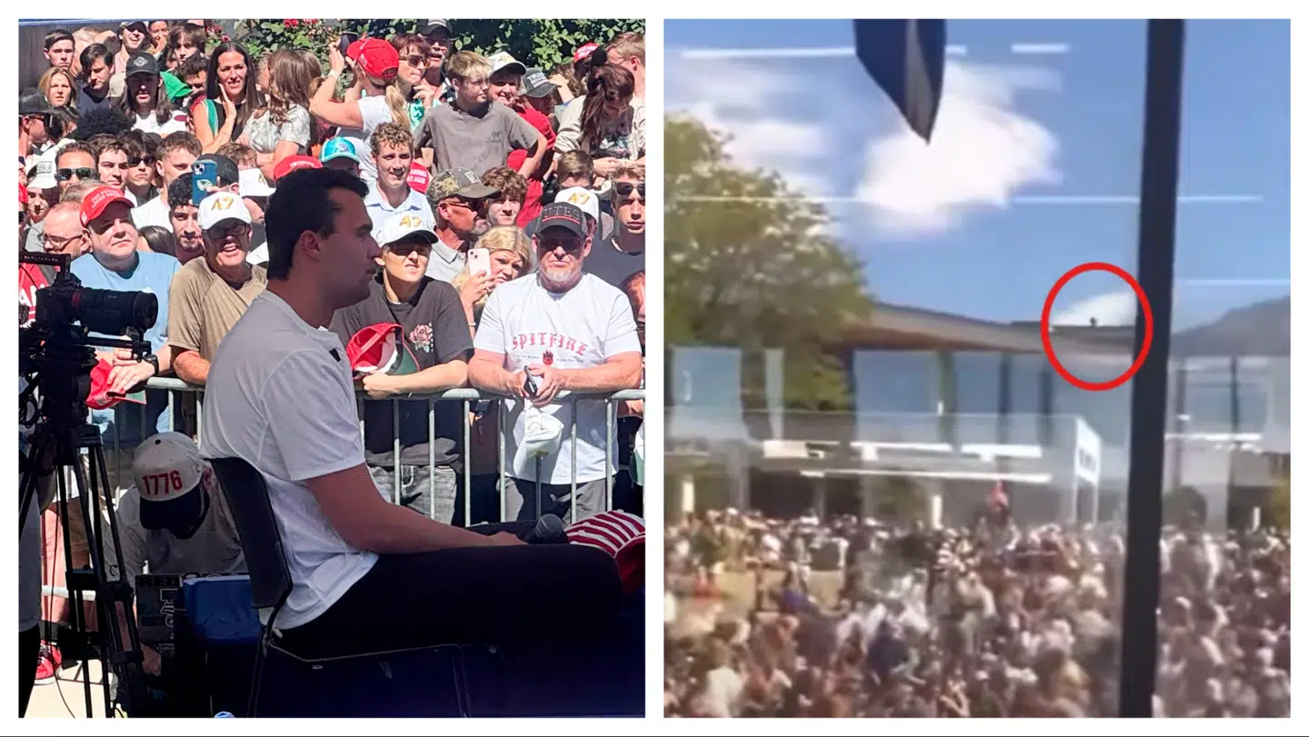 Charlie Kirk, ganske få øjeblikke før han blev skudt. Han diskuterede med en af tilhørerne på universitetet i Utah – og så lød skuddet, som kom fra en snigskytte, som angiveligt lå på taget 180 meter væk. Billedet til højre viser en skikkelse på taget, men det er uvist, om det er skudmanden eller -kvinden.