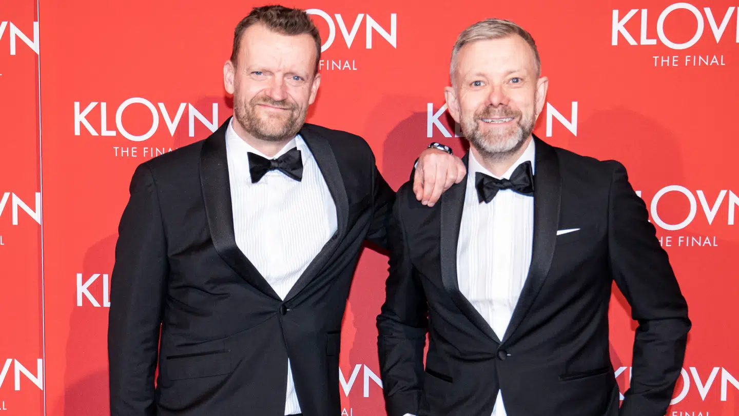 Frank Hvam og Casper Christensen på den røde løber til gallapremiere på filmen 'Klovn The Final' i 2020.