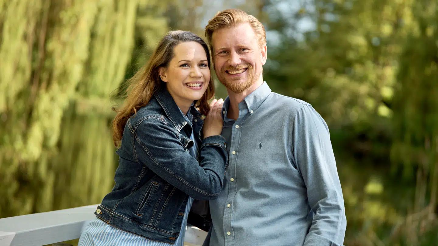Interview med skuespillerparret Amalie Dollerup og Andreas Jebro i Glostrup, torsdag den 8. maj 2025. Skuespillerne er aktuelle i Sønderborg Sommer Revy Show. (Foto: Thomas Traasdahl/Ritzau Scanpix)