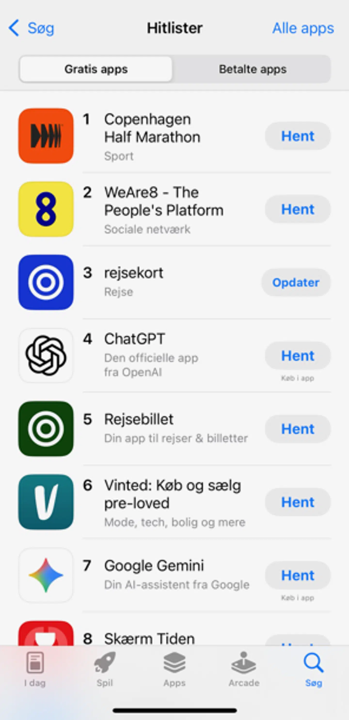 Sådan ser listen over de mest downloade apps ud tirsdag morgen.