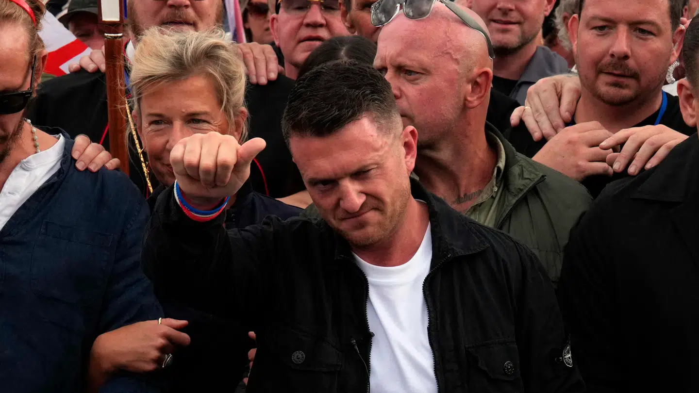 Tommy Robinson, hvis rigtige navn er Stephen Christopher Yaxley-Lennon, ved marchen i London.